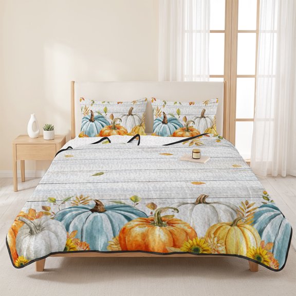 3 Pieces Queen Quilt Set,Fall Pumpkin Fallen Leaf Soft Bedding Sets with 1 Quilt & 2 Pillow Shams,Thanksgiving Botanical White Wood Summer Bedspread Lightweight Coverlet Comforter for All Season