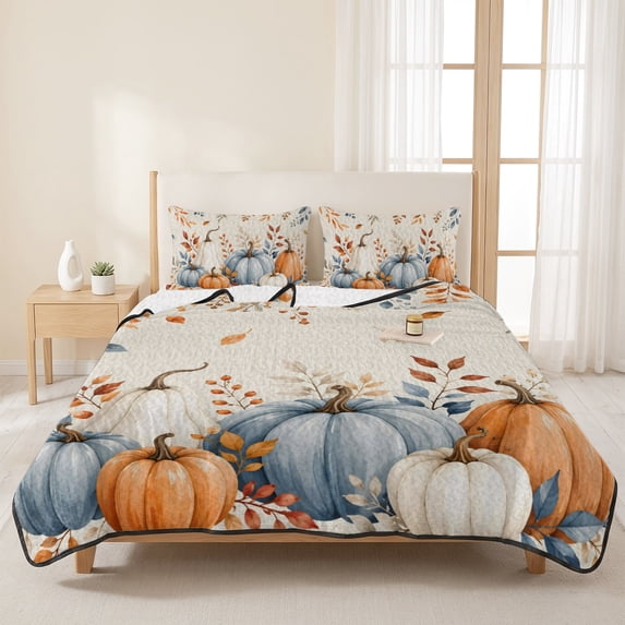 3 Pieces Queen Quilt Set,Fall Thanksgiving Farm Pumpkin Soft Bedding Sets with 1 Quilt & 2 Pillow Shams,Orange Leaves Retro Linen Summer Bedspread Lightweight Coverlet Comforter for All Season