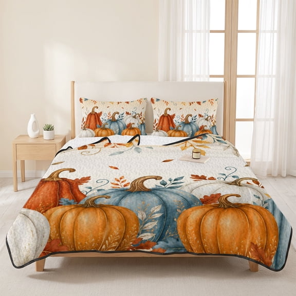 3 Pieces Queen Quilt Set,Fall Thanksgiving Pumpkin Fallen Leaves Soft Bedding Sets with 1 Quilt & 2 Pillow Shams,Orange Gradient Summer Bedspread Lightweight Coverlet Comforter