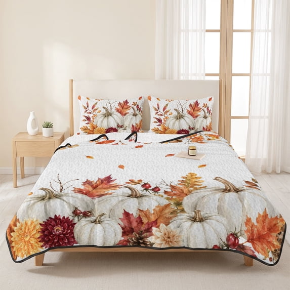 3 Pieces Queen Quilt Set,Fall Thanksgiving Pumpkin Soft Bedding Sets with 1 Quilt & 2 Pillow Shams,Pastoral Orange Maple Leaves Summer Bedspread Lightweight Coverlet Comforter for All Season