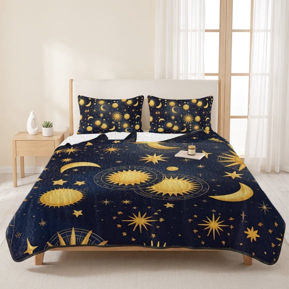 3 Pieces Queen Quilt Set,Fantasy Galaxy Moon Sun Soft Bedding Sets with 1 Quilt & 2 Pillow Shams,Cartoon Starry Night Summer Bedspread Lightweight Coverlet Comforter for All Season