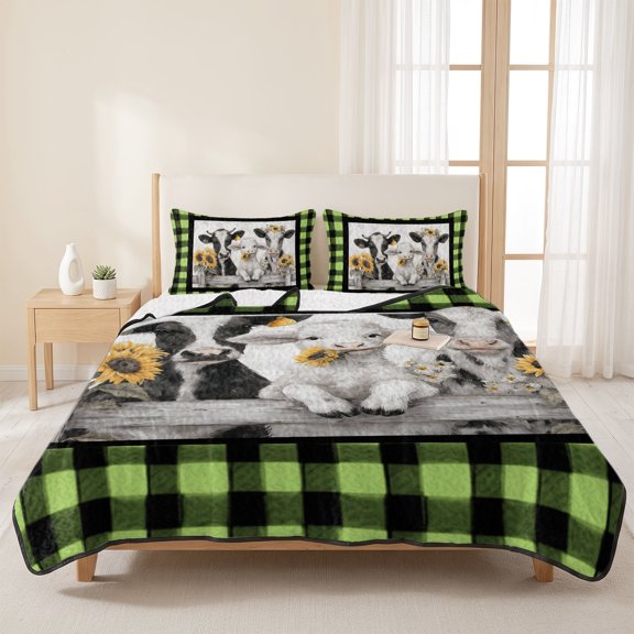 3 Pieces Queen Quilt Set,Farm Cow Sheep Sunflower Soft Bedding Sets with 1 Quilt & 2 Pillow Shams,Farmhouse Animal Pattern Buffalo Plaid Summer Bedspread Lightweight Coverlet Comforter for All Season