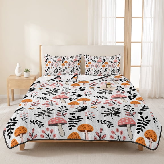 3 Pieces Queen Quilt Set,Farm Mushroom Leaf Cartoon Style Soft Bedding Sets with 1 Quilt & 2 Pillow Shams,Autumn Leaves Seamless Summer Bedspread Lightweight Coverlet Comforter for All Season