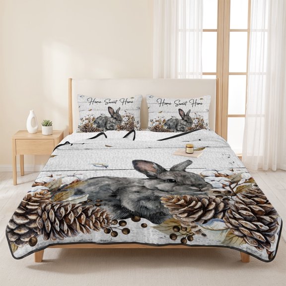 3 Pieces Queen Quilt Set,Farm Rabbit Pine Cone Berry Soft Bedding Sets with 1 Quilt & 2 Pillow Shams,Rustic Plant Animal Wood Plank Summer Bedspread Lightweight Coverlet Comforter for All Season