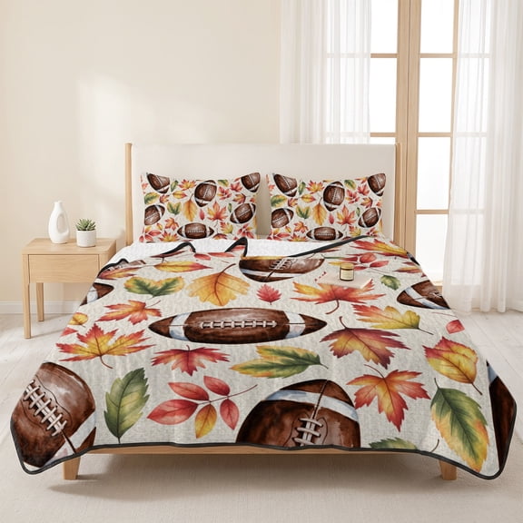 3 Pieces Queen Quilt Set,Football Autumn Maple Leaf Orange Soft Bedding Sets with 1 Quilt & 2 Pillow Shams,Fallen Leaves Seamless Summer Bedspread Lightweight Coverlet Comforter for All Season