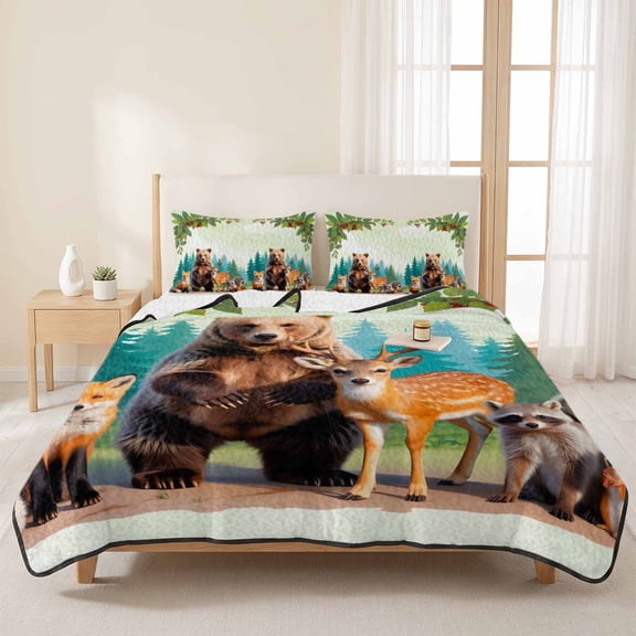 3 Pieces Queen Quilt Set,Forest Bear Deer Fox Squirrel Soft Bedding Sets with 1 Quilt & 2 Pillow Shams,Farmhouse Animal Plant Tree Summer Bedspread Lightweight Coverlet Comforter for All Season