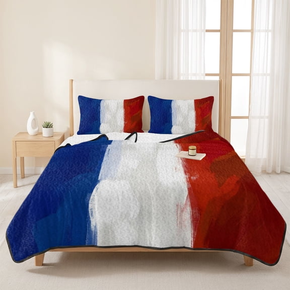 3 Pieces Queen Quilt Set,French National Day French Flag Soft Bedding Sets with 1 Quilt & 2 Pillow Shams,Blue White Red Stripes Summer Bedspread Lightweight Coverlet Comforter for All Season