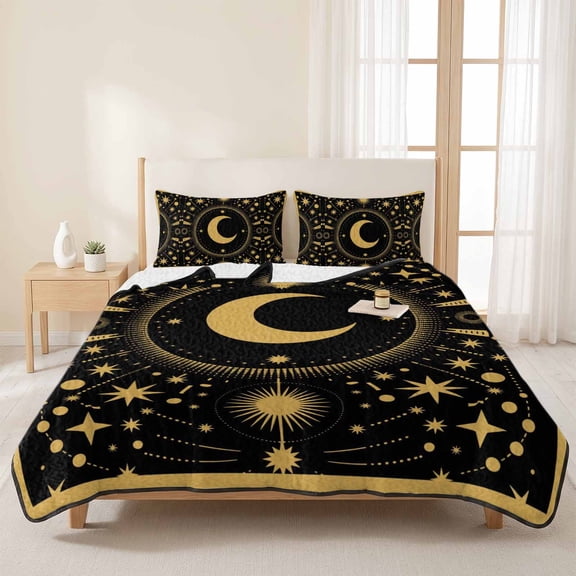 3 Pieces Queen Quilt Set,Gold Yellow Moon Star Soft Bedding Sets with 1 Quilt & 2 Pillow Shams,Starry Night Polka Dot on Black Summer Bedspread Lightweight Coverlet Comforter for All Season
