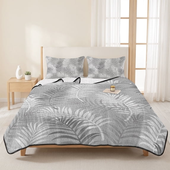 3 Pieces Queen Quilt Set,Gray Foliage Palm Leaves Soft Bedding Sets with 1 Quilt & 2 Pillow Shams,Monochrome Country Plant Summer Bedspread Lightweight Coverlet Comforter for All Season