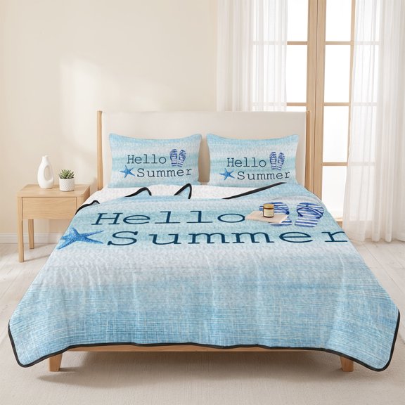 3 Pieces Queen Quilt Set,Hello Summer Starfish Flip Flops Soft Bedding Sets with 1 Quilt & 2 Pillow Shams,Blue Gradient Summer Bedspread Lightweight Coverlet Comforter for All Season