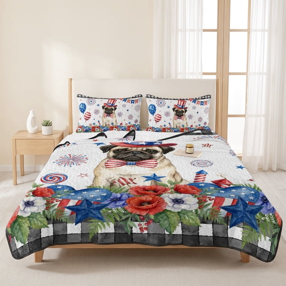 3 Pieces Queen Quilt Set,Independence Day Pug Soft Bedding Sets with 1 Quilt & 2 Pillow Shams,250th Anniversary Flowers Firework Summer Bedspread Lightweight Coverlet Comforter for All Season