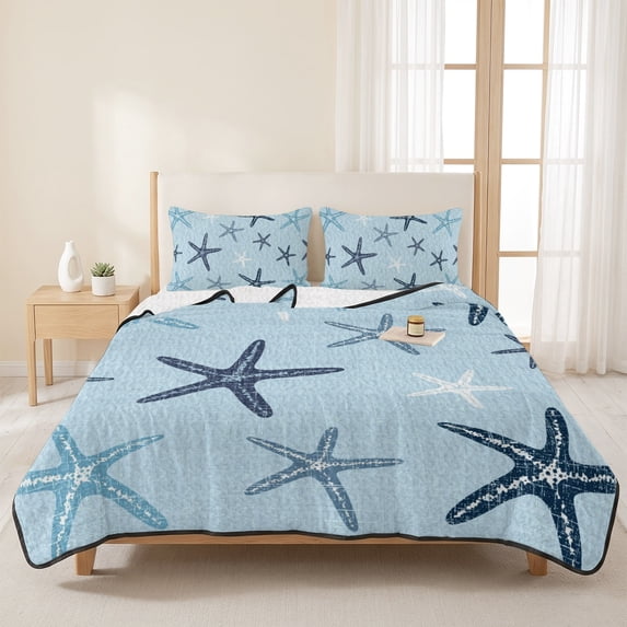 3 Pieces Queen Quilt Set,Light Blue Starfish Coastal Soft Bedding Sets with 1 Quilt & 2 Pillow Shams,Summer Beach Starfishs Summer Bedspread Lightweight Coverlet Comforter for All Season