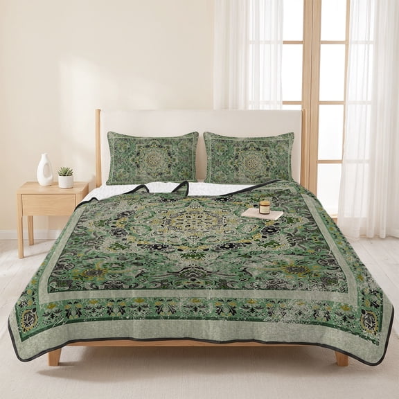 3 Pieces Queen Quilt Set,Medieval Turkish Boho Pattern Soft Bedding Sets with 1 Quilt & 2 Pillow Shams,Green Mural Retro Floral Texture Summer Bedspread Lightweight Coverlet Comforter for All Season