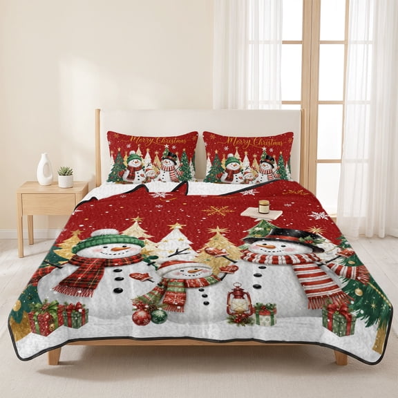 3 Pieces Queen Quilt Set,Merry Christmas Tree Snowman Soft Bedding Sets with 1 Quilt & 2 Pillow Shams,Winter Snowflake Red Summer Bedspread Lightweight Coverlet Comforter