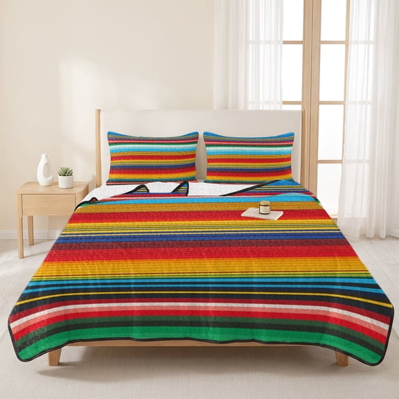 3 Pieces Queen Quilt Set,Mexican Colorful Stripe Soft Bedding Sets with 1 Quilt & 2 Pillow Shams,Summer Bedspread Lightweight Coverlet Comforter for All Season