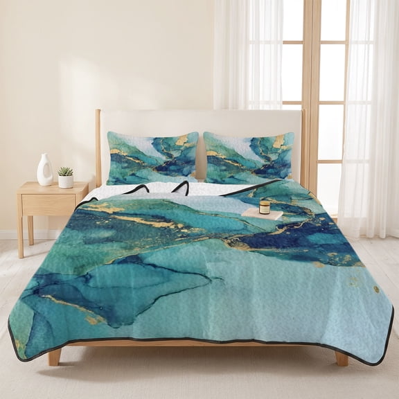 3 Pieces Queen Quilt Set,Modern Turquoise Marble Stone Soft Bedding Sets with 1 Quilt & 2 Pillow Shams,Abstract Gold Crack Texture Summer Bedspread Lightweight Coverlet Comforter for All Season