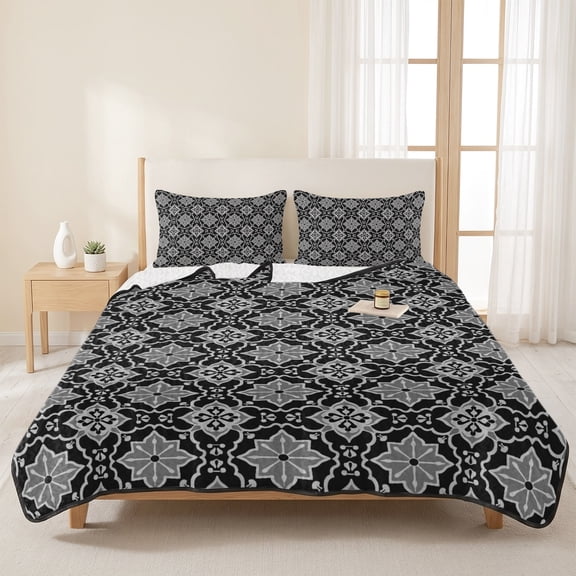 3 Pieces Queen Quilt Set,Moroccan Classical Rhombus Pattern Soft Bedding Sets with 1 Quilt & 2 Pillow Shams,Kaleidoscope Abstract Art Summer Bedspread Lightweight Coverlet Comforter for All Season