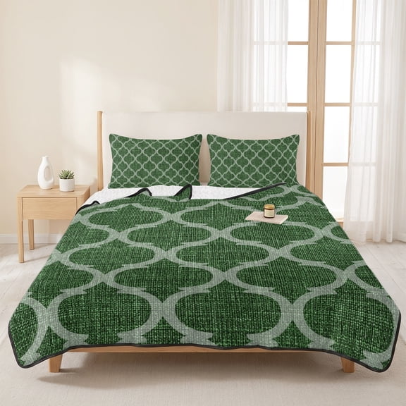 3 Pieces Queen Quilt Set,Moroccan Dark Green Geometric Soft Bedding Sets with 1 Quilt & 2 Pillow Shams,Medieval Ethnic Pattern Summer Bedspread Lightweight Coverlet Comforter for All Season