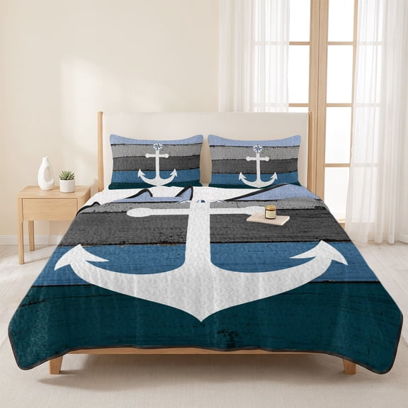 3 Pieces Queen Quilt Set,Nautical Anchor Ocean Theme Soft Bedding Sets with 1 Quilt & 2 Pillow Shams,Farm Blue Wood Board Summer Bedspread Lightweight Coverlet Comforter for All Season