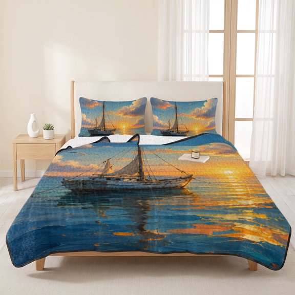 3 Pieces Queen Quilt Set,Nautical Boat Blue Ocean Sunset Soft Bedding Sets with 1 Quilt & 2 Pillow Shams,Coastal Sea Style Summer Bedspread Lightweight Coverlet Comforter for All Season