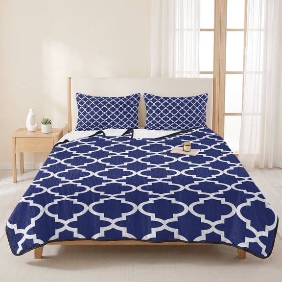 3 Pieces Queen Quilt Set,Navy Blue Moroccan Plaid Soft Bedding Sets with 1 Quilt & 2 Pillow Shams,White Line Buffalo Lattice Summer Bedspread Lightweight Coverlet Comforter for All Season