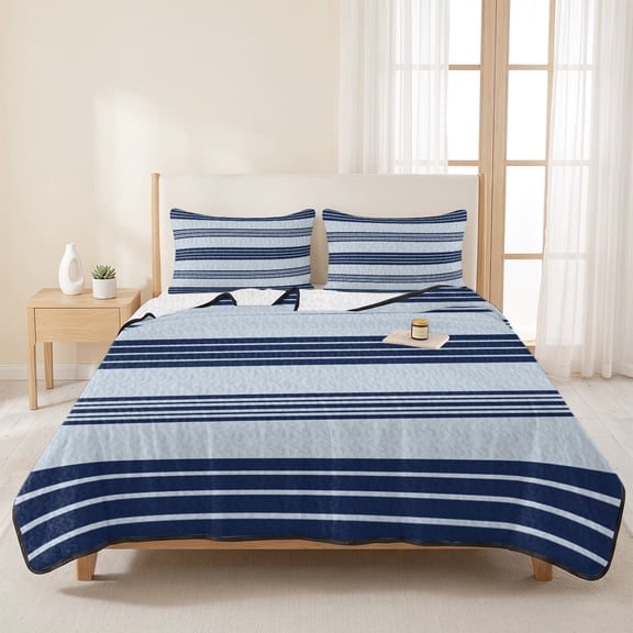 3 Pieces Queen Quilt Set,Navy Blue Stripe Vintage Soft Bedding Sets with 1 Quilt & 2 Pillow Shams,Modern Minimalist Lines Summer Bedspread Lightweight Coverlet Comforter for All Season