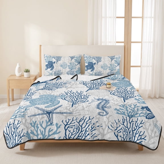 3 Pieces Queen Quilt Set,Ocean Sea Turtle Blue Coral Soft Bedding Sets with 1 Quilt & 2 Pillow Shams,Sea Starfish Seahorse Summer Bedspread Lightweight Coverlet Comforter for All Season
