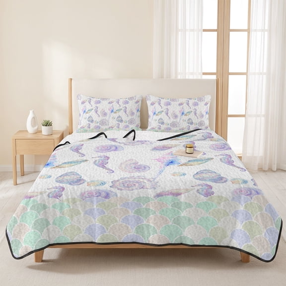 3 Pieces Queen Quilt Set,Ocean Seahorse Conch Shell Soft Bedding Sets with 1 Quilt&2 Pillow Shams,Underwater World Mermaid Scale Gradient Summer Bedspread Lightweight Comforter for All Season