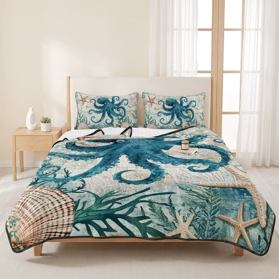 3 Pieces Queen Quilt Set,Octopus Starfish Shell Sea Monster Soft Bedding Sets with 1 Quilt & 2 Pillow Shams,Nautical Map Summer Bedspread Lightweight Coverlet Comforter for All Season