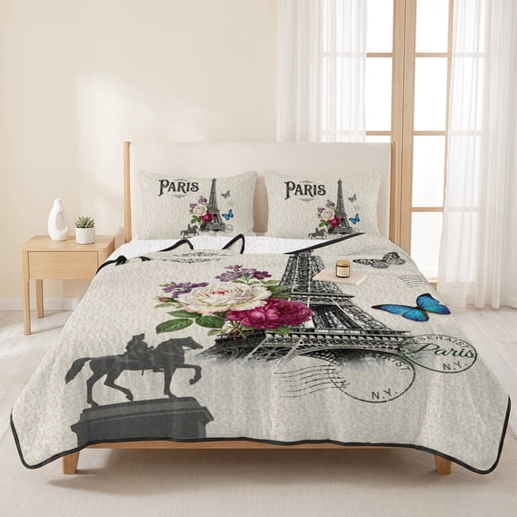 3 Pieces Queen Quilt Set,Paris Iconic Architecture Tower on Linen Soft Bedding Sets with 1 Quilt & 2 Pillow Shams,Flower Butterfly Stamp Summer Bedspread Lightweight Coverlet Comforter for All Season