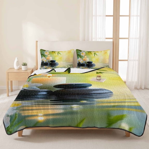 3 Pieces Queen Quilt Set,Plumeria Flower Stones Lake Zen Meditation Soft Bedding Sets with 1 Quilt & 2 Pillow Shams,Still Life Summer Bedspread Lightweight Coverlet Comforter for All Season