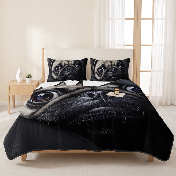 3 Pieces Queen Quilt Set,Realistic Pug Dog Pattern Soft Bedding Sets with 1 Quilt & 2 Pillow Shams,Dark Background Summer Bedspread Lightweight Coverlet Comforter for All Season