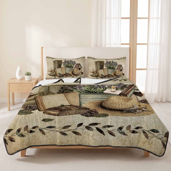 3 Pieces Queen Quilt Set,Retro Farmhouse Theme Soft Bedding Sets with 1 Quilt & 2 Pillow Shams,Country Vintage Flower Leaf Boots Plant Summer Bedspread Lightweight Coverlet Comforter for All Season