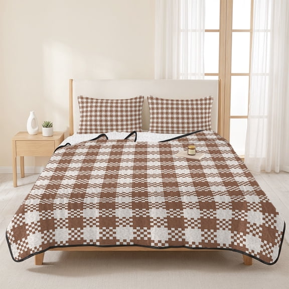 3 Pieces Queen Quilt Set,Retro Geometric Buffalo Tartan Soft Bedding Sets with 1 Quilt & 2 Pillow Shams,Chic Plaid Khaki White Summer Bedspread Lightweight Coverlet Comforter for All Season