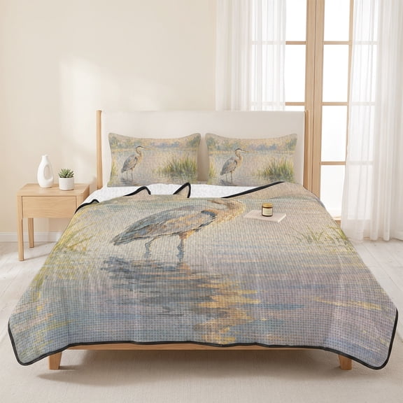 3 Pieces Queen Quilt Set,Retro Heron in River Soft Bedding Sets with 1 Quilt & 2 Pillow Shams,Farmhouse Water Reflection Summer Bedspread Lightweight Coverlet Comforter for All Season