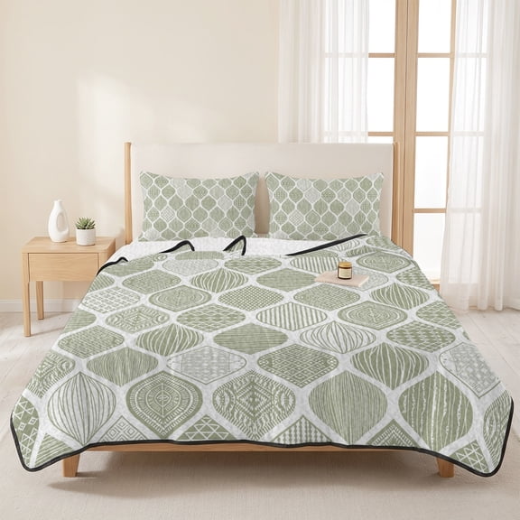 3 Pieces Queen Quilt Set,Sage Green Bohemian Geometric Soft Bedding Sets with 1 Quilt & 2 Pillow Shams,Abstract Moroccan Pattern Summer Bedspread Lightweight Coverlet Comforter for All Season