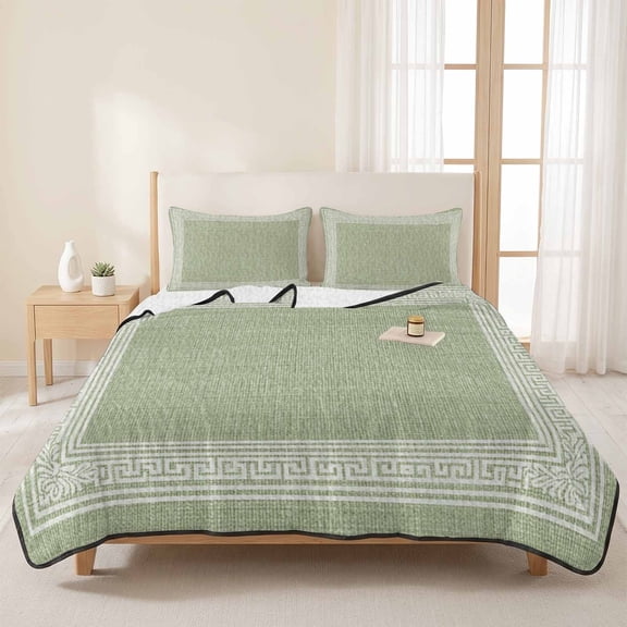 3 Pieces Queen Quilt Set,Sage Green Linen Burlap Key Soft Bedding Sets with 1 Quilt & 2 Pillow Shams,Abstract Greek Inspired Texture Summer Bedspread Lightweight Coverlet Comforter for All Season