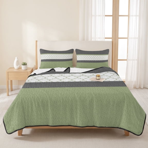 3 Pieces Queen Quilt Set,Sage Green Morocco Pattern Soft Bedding Sets with 1 Quilt & 2 Pillow Shams,Stitching Art Summer Bedspread Lightweight Coverlet Comforter for All Season