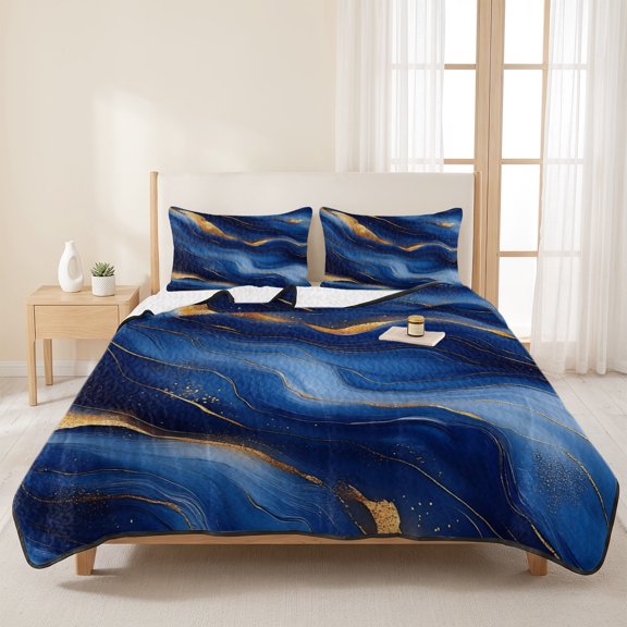 3 Pieces Queen Quilt Set,Seamless Abstract Wavy Line Soft Bedding Sets with 1 Quilt & 2 Pillow Shams,Gold Royal Blue Texture Summer Bedspread Lightweight Coverlet Comforter for All Season