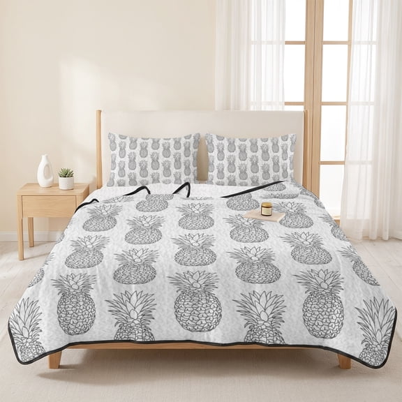 3 Pieces Queen Quilt Set,Seamless Grey Pineapple Soft Bedding Sets with 1 Quilt & 2 Pillow Shams,Rustic Farmhouse Fruit Theme Summer Bedspread Lightweight Coverlet Comforter for All Season