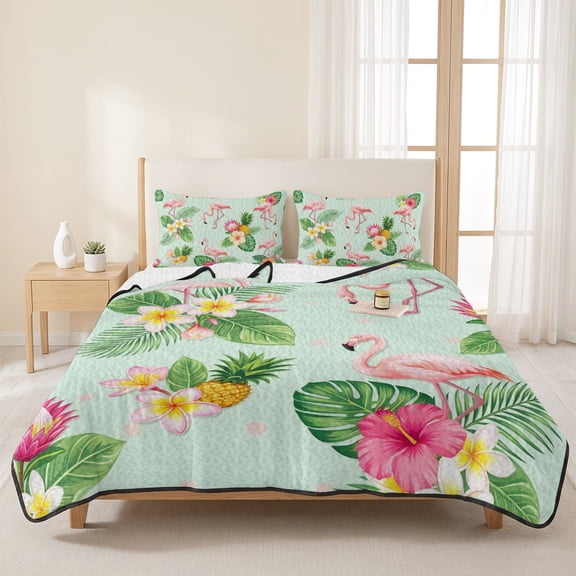 3 Pieces Queen Quilt Set,Summer Flamingos Tropical Leaf Soft Bedding Sets with 1 Quilt & 2 Pillow Shams,Pink Flower Pineapple Summer Bedspread Lightweight Coverlet Comforter for All Season