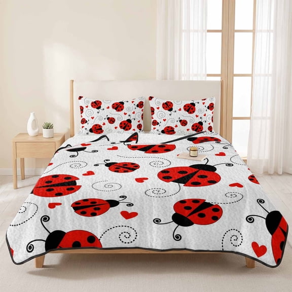 3 Pieces Queen Quilt Set,Summer Ladybug Red Love Soft Bedding Sets with 1 Quilt & 2 Pillow Shams,Fun Cartoon Animal Summer Bedspread Lightweight Coverlet Comforter for All Season