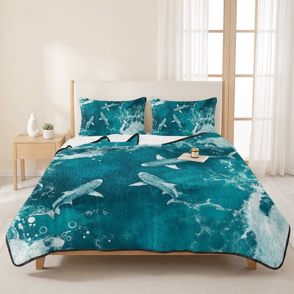 3 Pieces Queen Quilt Set,Summer Nautical Marine Shark Soft Bedding Sets with 1 Quilt & 2 Pillow Shams,Watercolor Underwater Creature Summer Bedspread Lightweight Coverlet Comforter for All Season