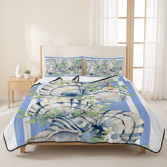 3 Pieces Queen Quilt Set,Summer Sea Conch Shells Soft Bedding Sets with 1 Quilt & 2 Pillow Shams,Blue White Striped Background Summer Bedspread Lightweight Coverlet Comforter for All Season