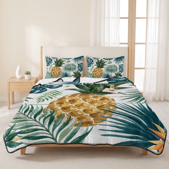 3 Pieces Queen Quilt Set,Summer Tropical Pineapple Soft Bedding Sets with 1 Quilt & 2 Pillow Shams,Vintage Wooden Plank Summer Bedspread Lightweight Coverlet Comforter for All Season