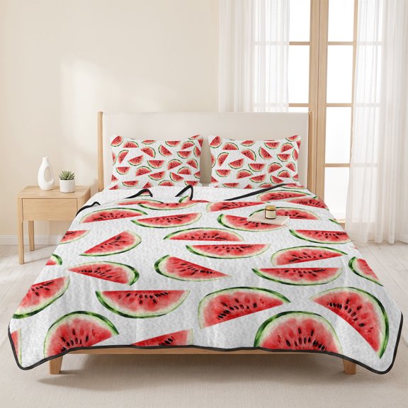 3 Pieces Queen Quilt Set,Summer Watercolor Watermelon Soft Bedding Sets with 1 Quilt & 2 Pillow Shams,Classic Sweet Fruit Summer Bedspread Lightweight Coverlet Comforter for All Season