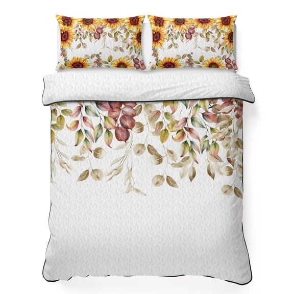 3 Pieces Queen Quilt Set,Sunflower Fall Eucalyptus Leaves Seamless Soft Bedding Sets with 1 Quilt&2 Pillow Shams,Happy Thanksgiving Fallen Leaf Summer Bedspread Lightweight Coverlet Comforter