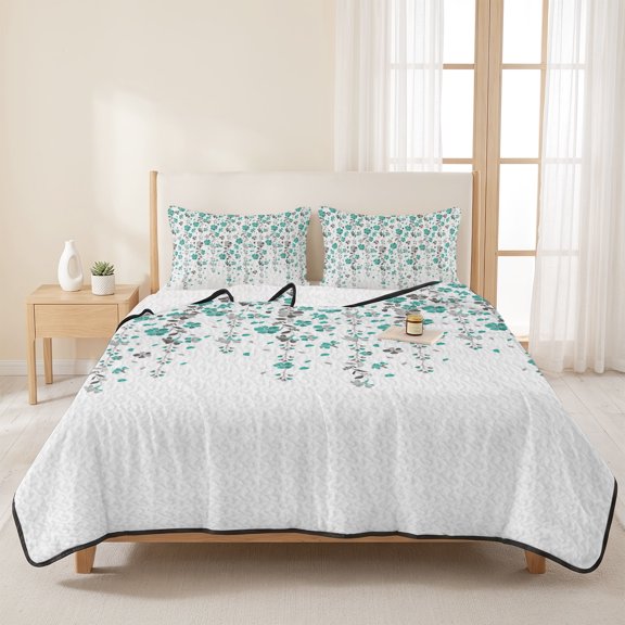 3 Pieces Queen Quilt Set,Teal Flower Fallen Leaves Seamless Soft Bedding Sets with 1 Quilt & 2 Pillow Shams,Retro Leaf Vines on White Summer Bedspread Lightweight Coverlet Comforter for All Season