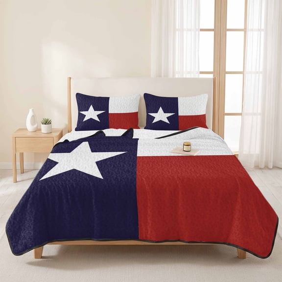 3 Pieces Queen Quilt Set,Texas Star Flag Soft Bedding Sets with 1 Quilt & 2 Pillow Shams,Star and White Red Stripe Summer Bedspread Lightweight Coverlet Comforter for All Season