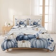 thumbnail image 1 of 3 Pieces Queen Quilt Set,Thanksgiving Navy Pumpkin Soft Bedding Sets with 1 Quilt & 2 Pillow Shams,Eucalyptus Leaves on Farm Wood Summer Bedspread Lightweight Coverlet Comforter for All Season, 1 of 5